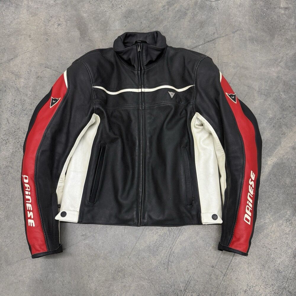 Dainese Leather Moto Motorcycle Zip Men’s Jacket Size 50 Black White Red